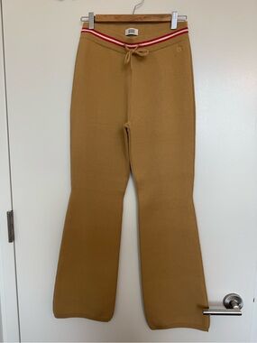 Camel Knit Flare Pants with Red-White Waistband